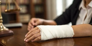 A dog bite victim with a bandaged hand researching what to do after an attack.
