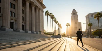 A top personal injury attorney walking near a Los Angeles courthouse with palm trees.