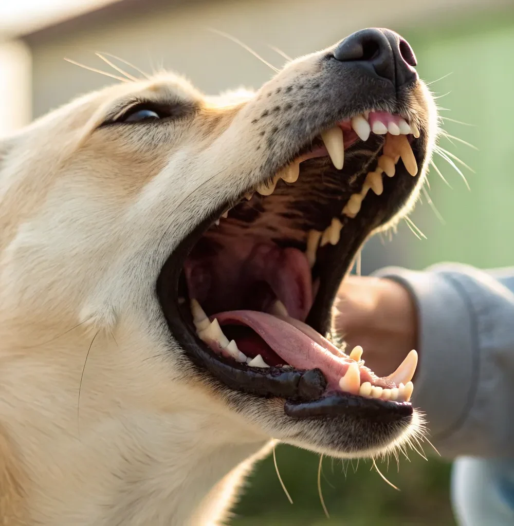 A dog baring its teeth at a person, an urgent situation after someone's dog bit you.
