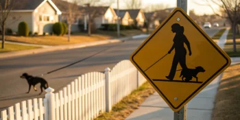 Warning sign for a dog bite incident on a street with a person walking a leashed dog.