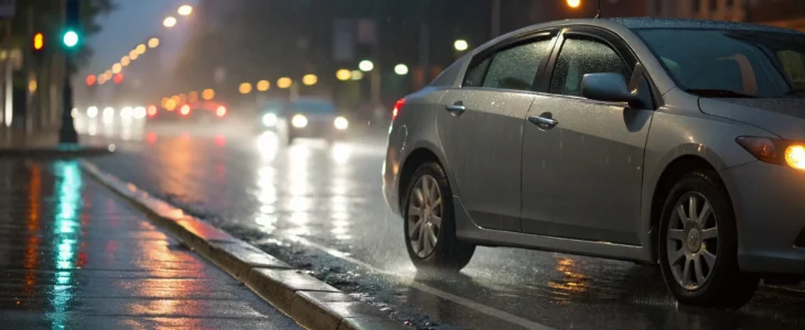 A car's view of a rainy street at night, a sobering look at drunk driving facts.