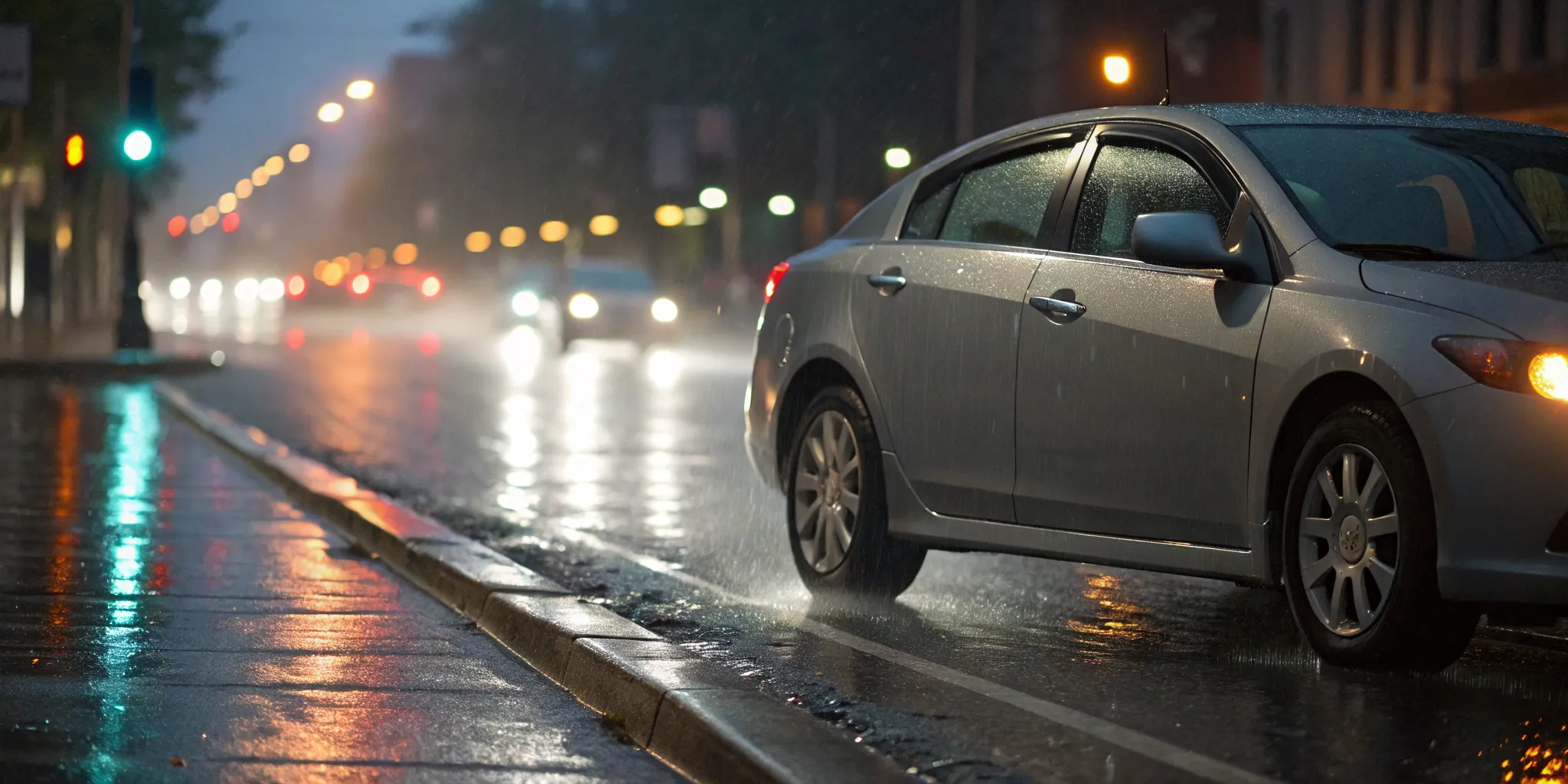 A car's view of a rainy street at night, a sobering look at drunk driving facts.