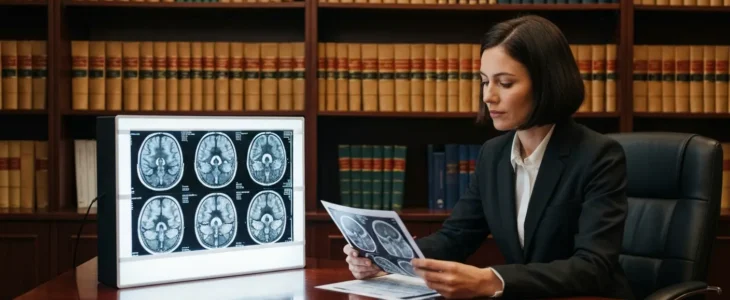 Attorney reviewing brain MRI scans in a law office - brain injury settlement consultation in California