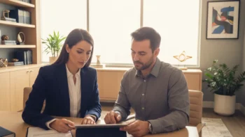 California car accident lawyer reviewing case fees with a client in a modern law office