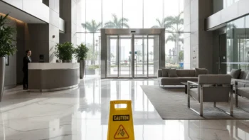 Wet floor caution sign in a commercial building lobby representing premises liability in California