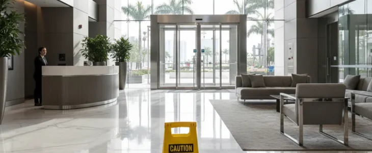 Wet floor caution sign in a commercial building lobby representing premises liability in California