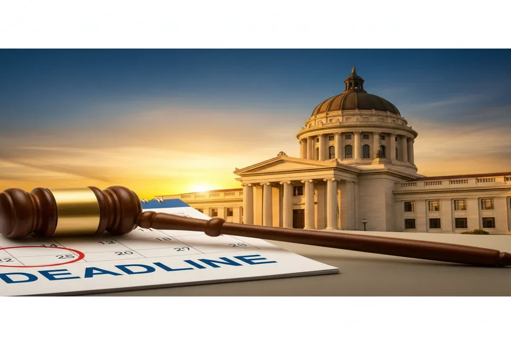 Gavel on calendar with circled deadline date in front of a California courthouse at sunset, symbolizing the statute of limitations for personal injury cases