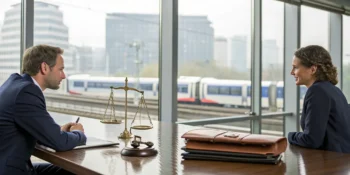 A train accident attorney discusses a case with a client in an office with a train outside.