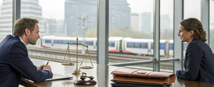 A train accident attorney discusses a case with a client in an office with a train outside.