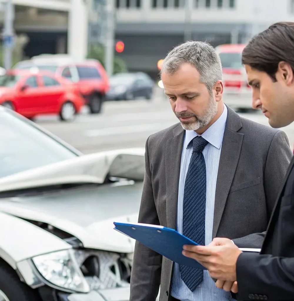 Rideshare accident lawyer discussing a claim with a client at the crash scene.