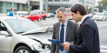 Rideshare accident lawyer discussing a claim with a client at the crash scene.