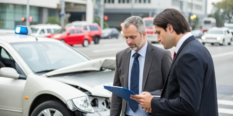 Rideshare accident lawyer discussing a claim with a client at the crash scene.