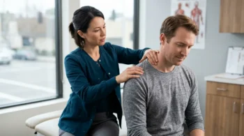 Healthcare professional evaluating soft tissue neck and shoulder injuries after a California car accident