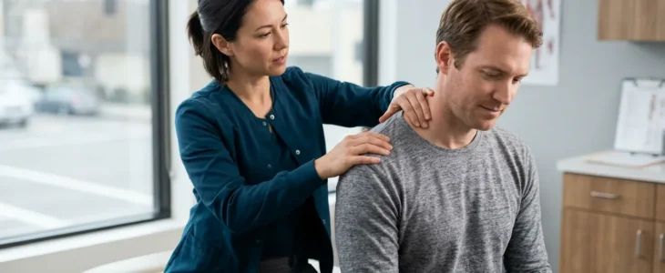 Healthcare professional evaluating soft tissue neck and shoulder injuries after a California car accident