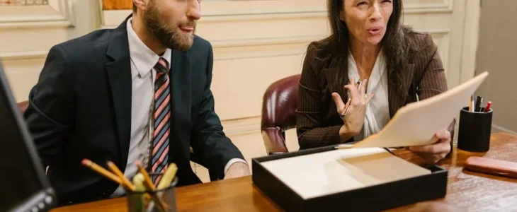 Lawyers reviewing documents at a conference table during a personal injury deposition in California
