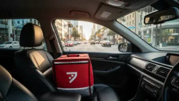 Food delivery bag on a car seat at a California intersection representing DoorDash and Uber Eats delivery accident risks