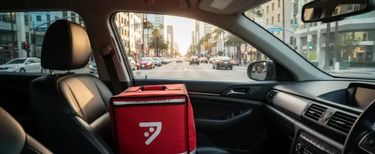 Food delivery bag on a car seat at a California intersection representing DoorDash and Uber Eats delivery accident risks