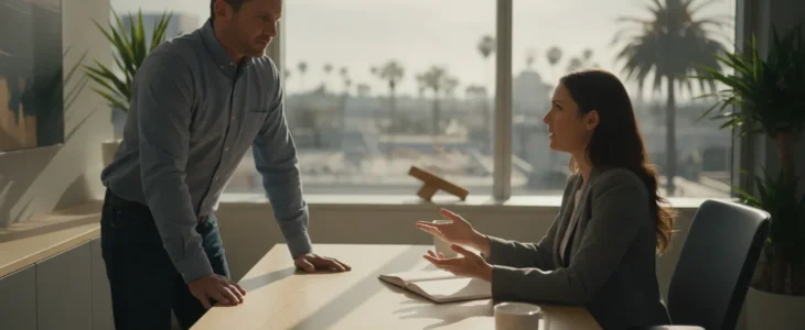 Injured person consulting with a California personal injury attorney in a modern law office
