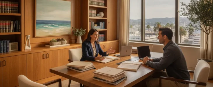 Professional California personal injury law office with attorney and client consulting
