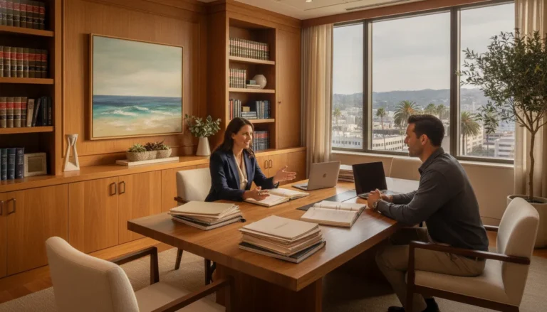 Professional California personal injury law office with attorney and client consulting