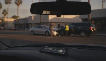 Smartphone on a car dashboard showing a rideshare ride screen after a minor collision on a California city street