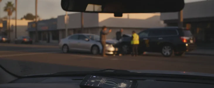 Smartphone on a car dashboard showing a rideshare ride screen after a minor collision on a California city street