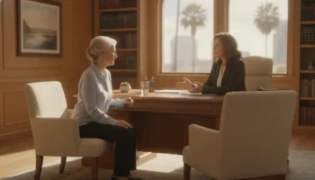 Elderly woman and adult daughter speaking with a caring attorney in a bright California law office