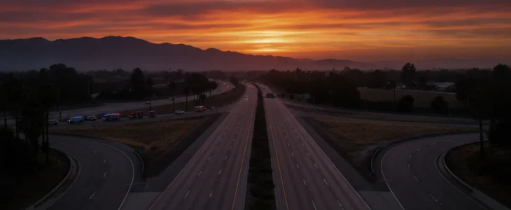 Catastrophic injury California scene showing emergency vehicles on a California highway at sunset