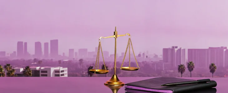 Best car accident lawyer in Los Angeles, California, with scales of justice and the city skyline.