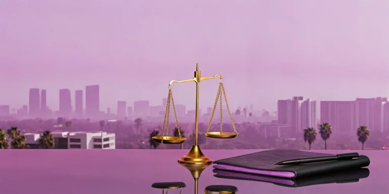 Best car accident lawyer in Los Angeles, California, with scales of justice and the city skyline.