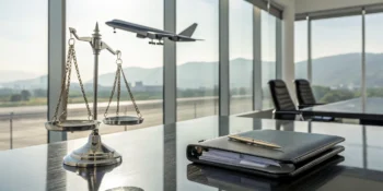 A California aviation accident lawyer's desk with scales of justice and an airplane outside.