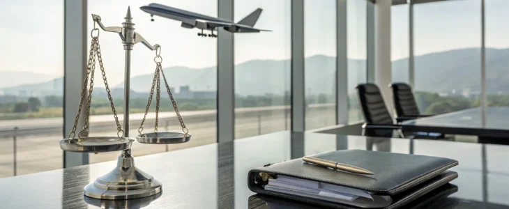 A California aviation accident lawyer's desk with scales of justice and an airplane outside.