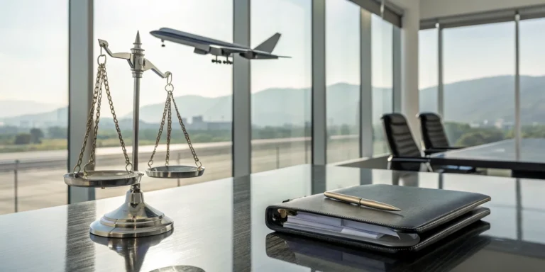 A California aviation accident lawyer's desk with scales of justice and an airplane outside.