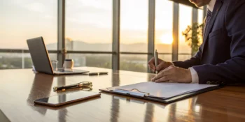 A California hit and run accident lawyer reviews case documents in an office.