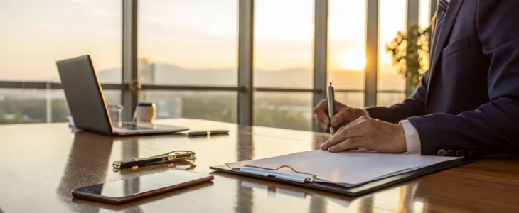 A California hit and run accident lawyer reviews case documents in an office.