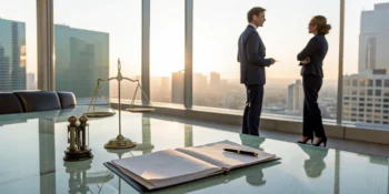 A Los Angeles car accident attorney reviews a case with a colleague in a professional law office.