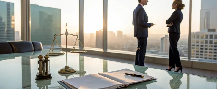 A Los Angeles car accident attorney reviews a case with a colleague in a professional law office.