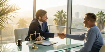 California no win no fee injury lawyer shakes hands with a client over the fee agreement.