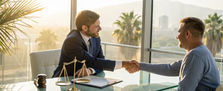 California no win no fee injury lawyer shakes hands with a client over the fee agreement.