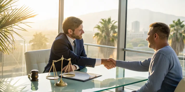 California no win no fee injury lawyer shakes hands with a client over the fee agreement.