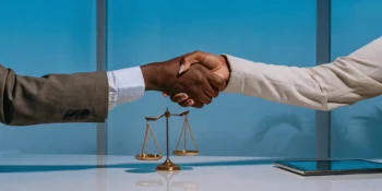 Handshake and scales of justice for a no win, no fee personal injury lawyer in Los Angeles.