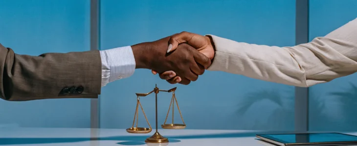 Handshake and scales of justice for a no win, no fee personal injury lawyer in Los Angeles.