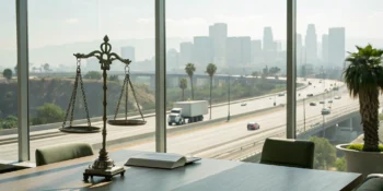 Scales of justice at a California truck accident lawyer's office overlooking a semi truck.