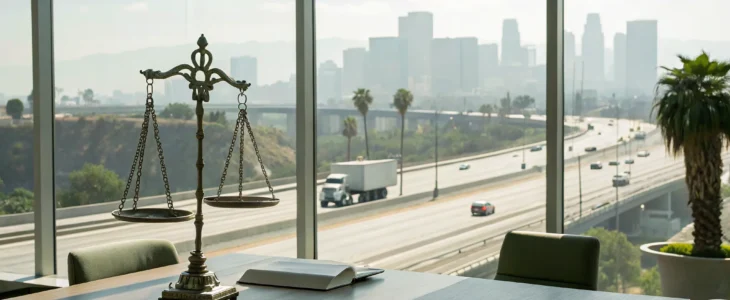 Scales of justice at a California truck accident lawyer's office overlooking a semi truck.