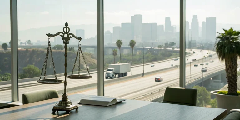 Scales of justice at a California truck accident lawyer's office overlooking a semi truck.