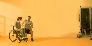 Physical therapist supporting a spinal cord injury patient in a rehabilitation gym