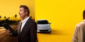 A Los Angeles Uber and Lyft accident lawyer with a car and city skyline.
