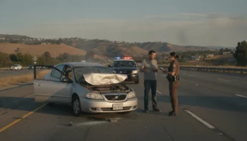 Rental car accident scene on a California highway with police vehicle