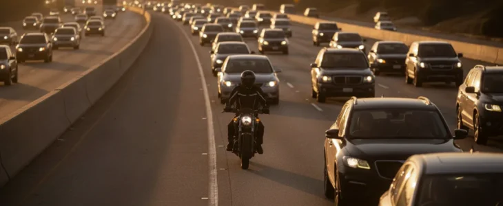California motorcyclist riding carefully between lanes of highway traffic