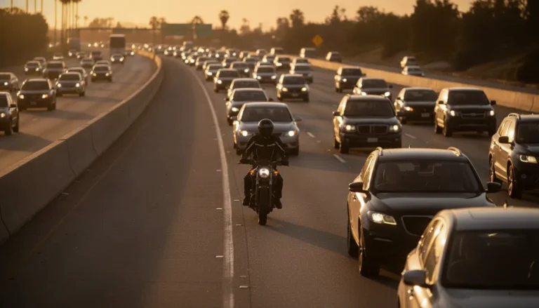 California motorcyclist riding carefully between lanes of highway traffic